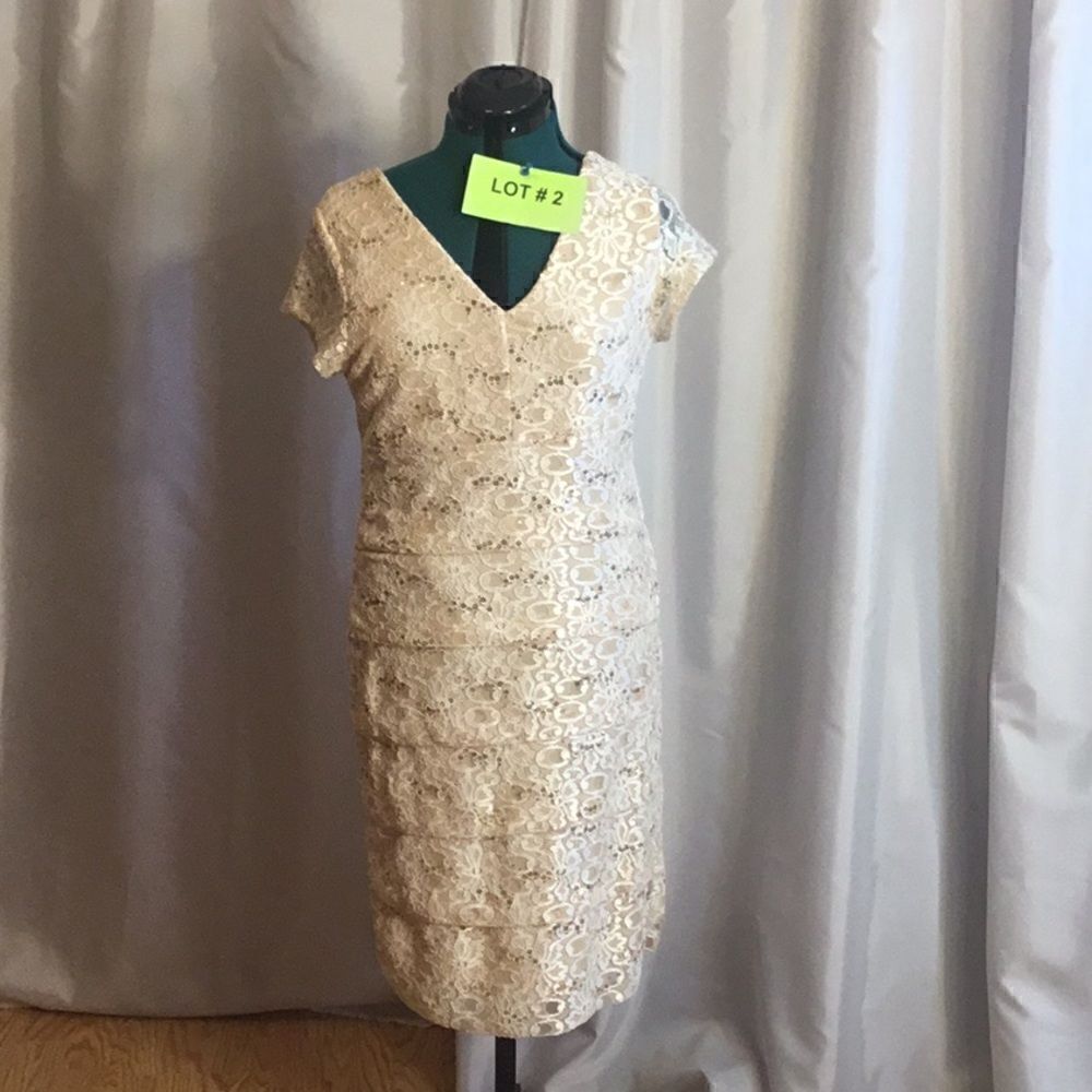 Bandage style dress in cream with lace overlay & gold sequins in size 14